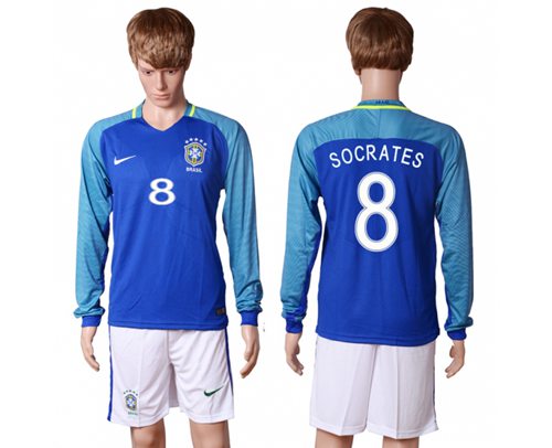 Brazil #8 Socrates Away Long Sleeves Soccer Country Jersey - Click Image to Close